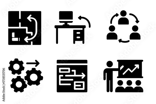 Business Restructuring Icons. Solid, filled icon set of business restructuring: office layout, desk reorganization, team collaboration, new roles, workflow