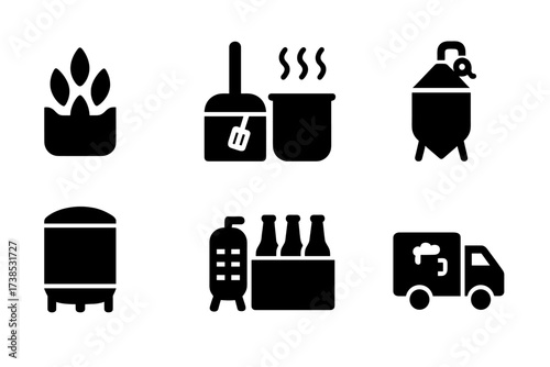 Beer Production Icons. Solid, filled icon set of beer production stages: malting, mashing, boiling, fermenting, conditioning, filtering, packaging,