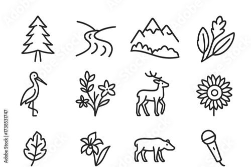 Outline Icon Collections. Outline icon set of Colombian daily life: street vendor, market stall, coffee plantation, city skyline, traditional house, soccer