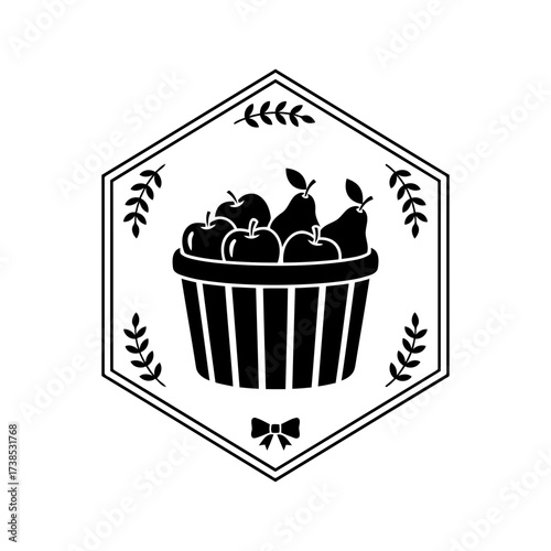 Vector art of a rustic black and white illustration of a basket overflowing with apples and pears, framed by a hexagonal border with decorative leaves and a bow