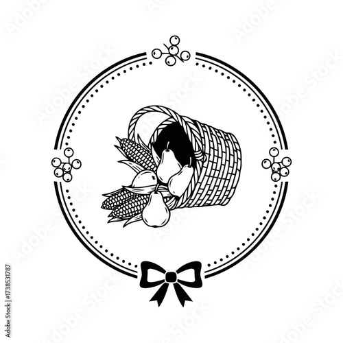 Vector art of vintage illustration of a basket overflowing with pears, framed by a decorative circular border and a bow
