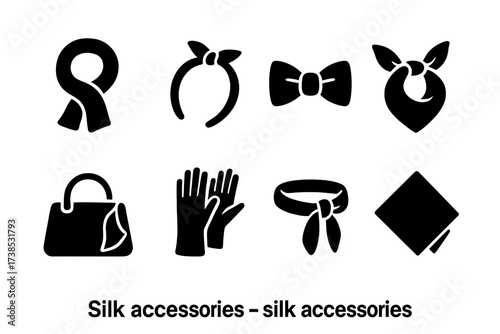 Silk Accessory Icons Set. Solid, filled icon set of silk accessories: silk scarf, silk hairband, silk bowtie, silk neckerchief, silk handbag, silk gloves, silk