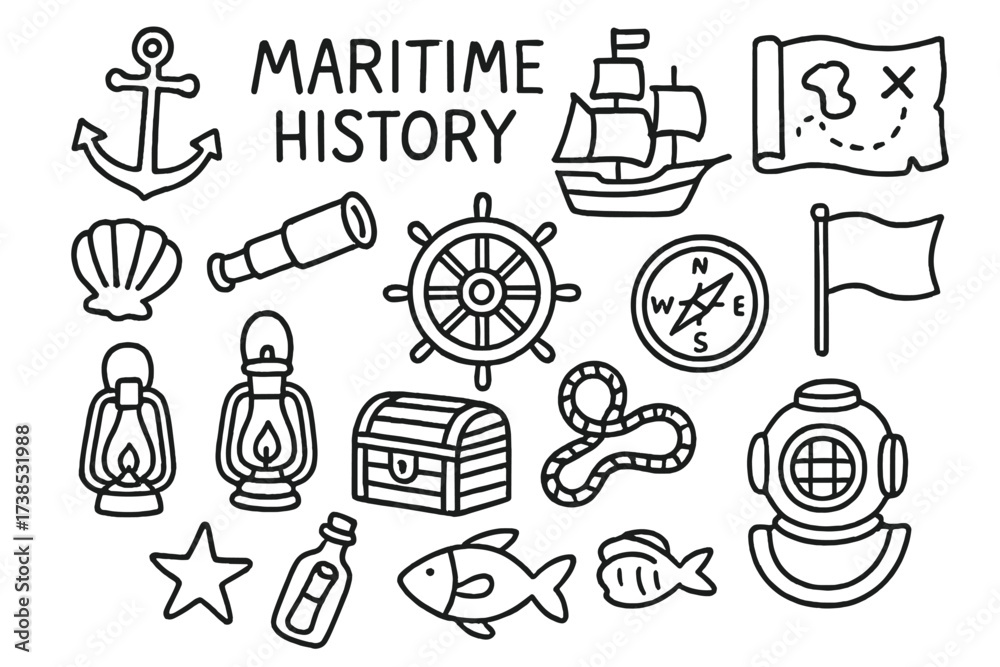 Obraz premium Maritime History Doodles. Hand-drawn doodle illustration Maritime history exhibit anchor, ship, compass, map, wheel, flag, shell, telescope, lantern, chest,