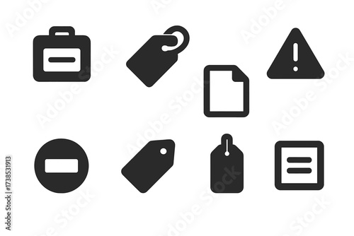 Icon Set Variety. Solid, filled icon set of label types: name tag, luggage tag, shipping label, warning sticker, food label, price tag, clothing tag, inventory