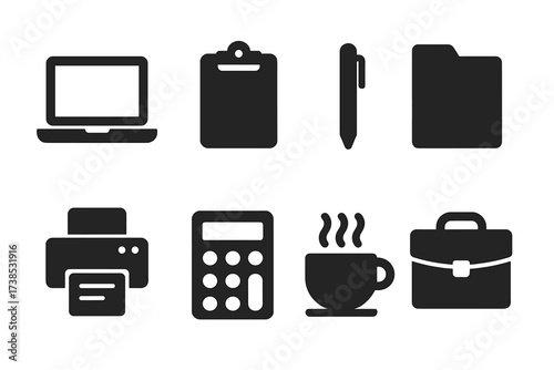 Proposal Tools Icons. Solid, filled icon set of proposal tools: laptop, clipboard, pen, document folder, printer, calculator, coffee cup, briefcase. [Line
