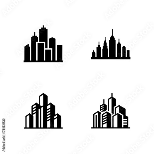 Vector art of collection of four black silhouette city skyline icons, representing urban architecture and cityscapes