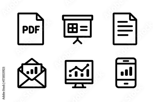 Report Format Icons. Solid, filled icon set of report formats: PDF document, spreadsheet, presentation slide, text file, email report, printed report, digital