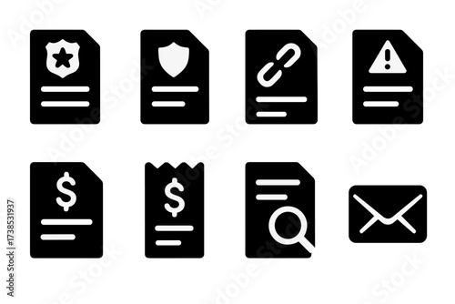 Loss Documentation Icons. Solid, filled icon set of loss documentation: police report, insurance form, contract, statement, invoice, receipt, audit report,