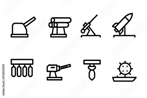Battleship Weapons Icons. Outline icon set of battleship weapons: cannon, torpedo launcher, anti-aircraft gun, missile launcher, depth charge, machine gun,
