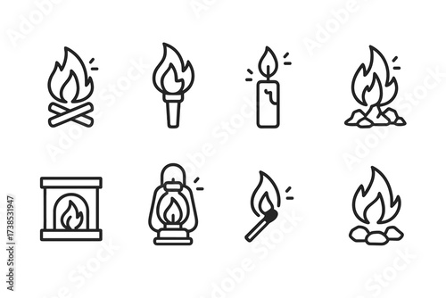 Fire Sparks Outline Icons. Outline icon set of fire spark elements: campfire spark, torch flame, candle spark, bonfire ember, fireplace glow, lantern light,