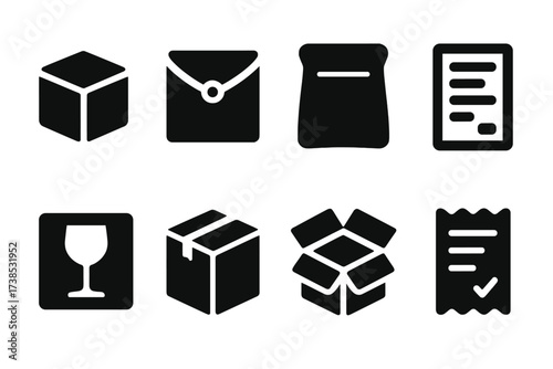 Compact Packaging Icons. Solid, filled icon set of compact packaging: small box, padded envelope, courier bag, shipping label, fragile sticker, taped parcel,