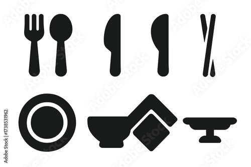 Fried Bean Utensil Icons. Solid, filled icon set of fried bean utensils: fork, spoon, knife, chopsticks, plate, bowl, napkin, tray. [Line icons in only black