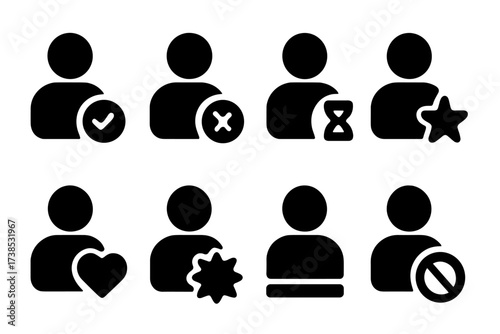 Client Status Icons. Solid, filled icon set of client status: active, inactive, pending, VIP, loyal, new, suspended, blocked. [Line icons in only black color.