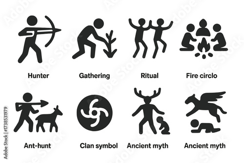 Cave Painting Icon Set. Solid, filled icon set of cave painting storytelling: hunter, gathering, ritual dance, fire circle, animal hunt, clan symbol, spiritual