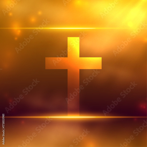 Golden christian cross illuminated by divine light and bokeh effects