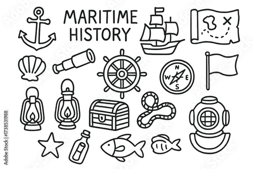Maritime History Doodles. Hand-drawn doodle illustration Maritime history exhibit anchor, ship, compass, map, wheel, flag, shell, telescope, lantern, chest,
