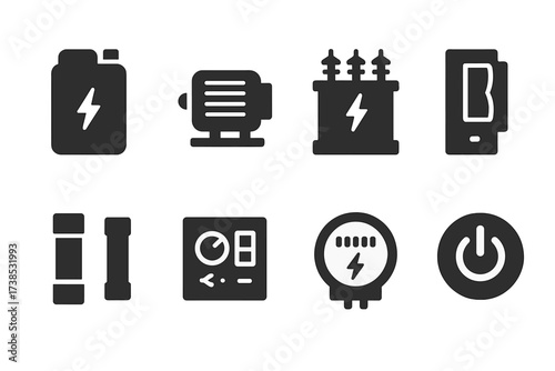 Electrical Devices Icons. Solid, filled icon set of electrical devices: power bank, electric motor, transformer, circuit breaker, fuse, voltage regulator,