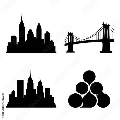Vector art of collection of black city skylines and a bridge silhouette