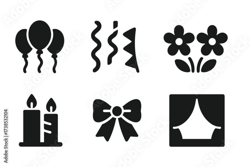 Event Decor Icons. Solid, filled icon set of event decorations: balloons, streamers, banners, flowers, candles, ribbons, fairy lights, stage curtains. Solid,