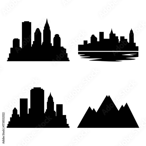 Vector art of compilation of black city skylines and mountain range silhouette