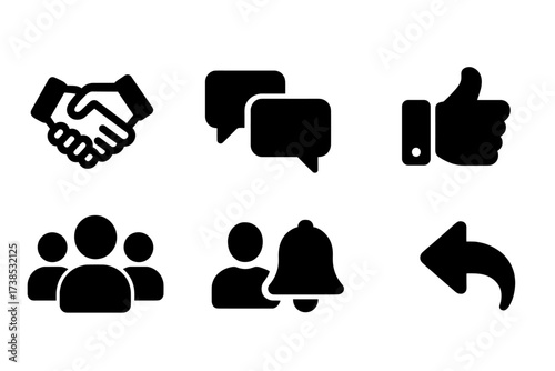 Sender Interaction Icons. Solid, filled icon set of sender interaction: handshake, message exchange, phone call, video chat, thumbs up, user group,