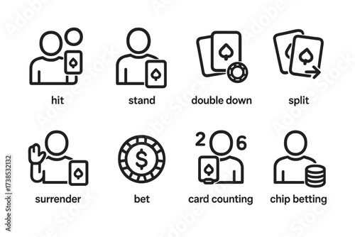 Blackjack Actions Icons. Outline icon set of blackjack player actions: hit, stand, double down, split cards, surrender, bet placement, card counting, chip