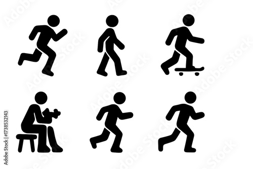 Sneaker Activity Icons. Solid, filled icon set of sneaker activities: running, walking, basketball, skateboarding, gym workout, jogging, sprinting, casual