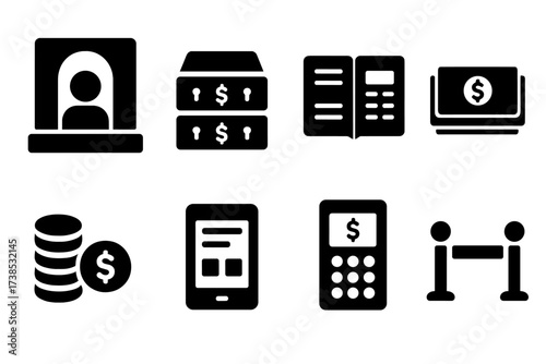 Banking Operations Icons. Solid, filled icon set of banking operations: teller window, cash drawer, account book, banknote stack, coin pile, digital ledger,