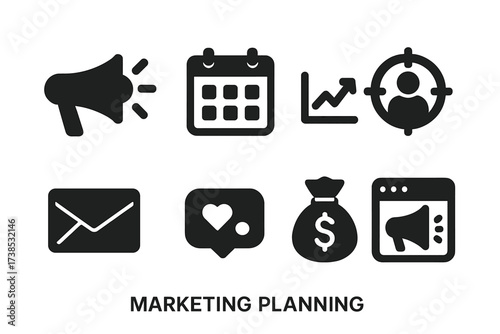 Marketing Icon Set. Solid, filled icon set of marketing planning: megaphone, calendar, graph, target audience, email, social media, budget, campaign. [Line