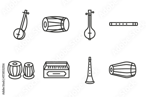 Bangladeshi Instruments Icons. Outline icon set of Bangladeshi musical instruments: Ektara, Dhol, Dotara, Flute, Tabla, Harmonium, Sanai, Mridangam. Line icons