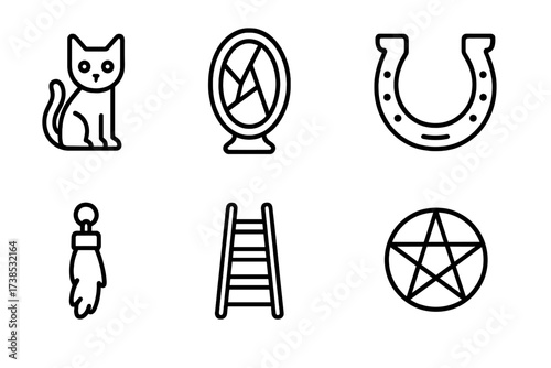 Superstition Icon Set. Outline icon set of superstition: black cat, broken mirror, four-leaf clover, horseshoe, rabbit?s foot, ladder, candle, pentagram. Line