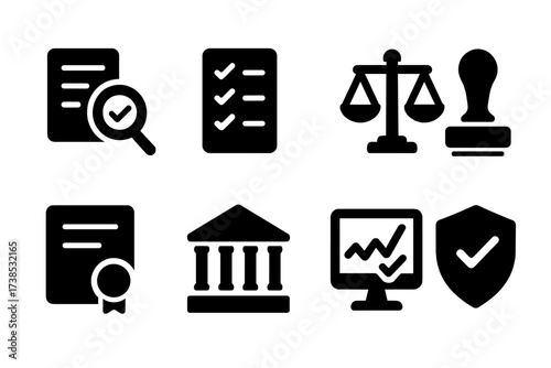 Compliance Icons Set. Solid, filled icon set of agreement compliance: audit, checklist, legal scales, approval stamp, certificate, regulatory building,