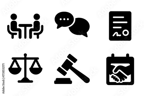 Dispute Resolution Icons. Solid, filled icon set of dispute resolution settlement: negotiation table, speech bubbles, handshake, contract, legal scales, gavel,