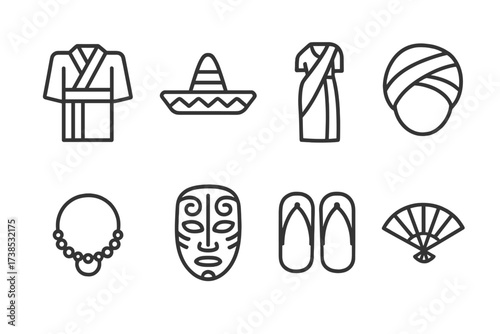 Cultural Clothing Icons. Outline icon set of cultural clothing and accessories: kimono, sombrero, sari, turban, necklace, mask, sandals, fan. Line icons in