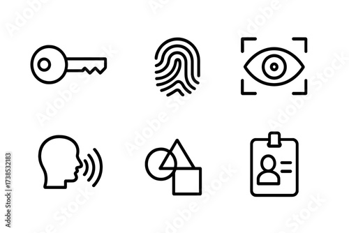 Secret Access Icons. Outline icon set of secret door access: key, password, fingerprint, retina scan, voice recognition, secret code, passphrase, security