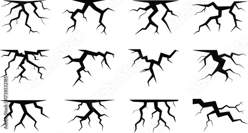 Cracked wall vector set cracked surface texture damage fracture line graphic