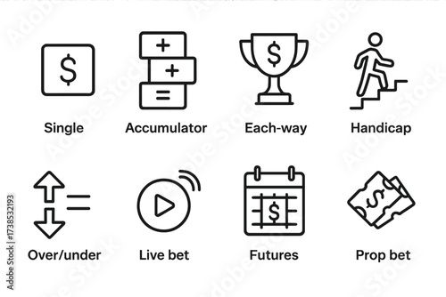 Betting Icons Grid. Outline icon set of betting options: single bet, accumulator, each-way, handicap, over/under, live bet, futures, prop bet. Line icons in