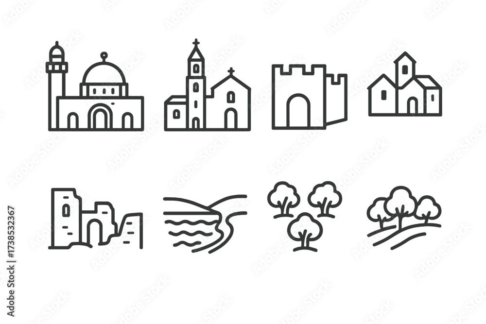 Naklejka premium Palestinian Landmarks Icons. Outline icon set of Palestinian landmarks: Al-Aqsa Mosque, Church of the Nativity, Old City walls, Bethlehem, Jericho ruins, Dead