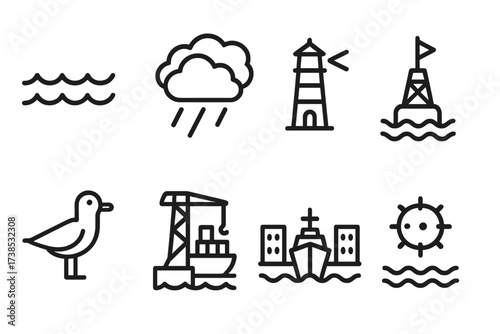 Battleship Icon Set. Outline icon set of battleship environment: ocean waves, storm clouds, lighthouse, buoy, seagull, dockyard, naval base, floating mines.