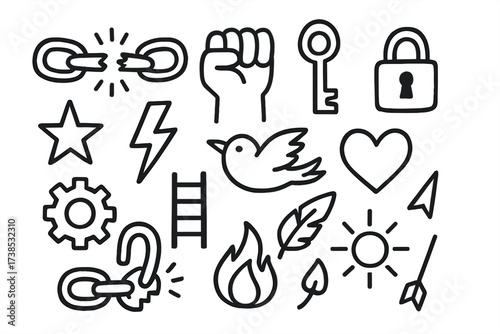 Breaking Free Icons. Hand-drawn doodle illustration Breaking chains broken chain links, fist, key, lock, shackle, lightning bolt, star, heart, gear, ladder,