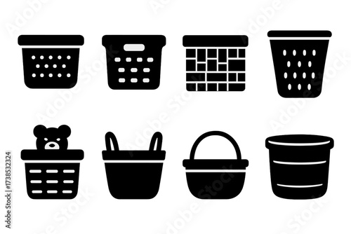 Storage Basket Icons. Solid, filled icon set of storage baskets: basket with lid, stackable basket, woven storage box, laundry hamper basket, toy basket,