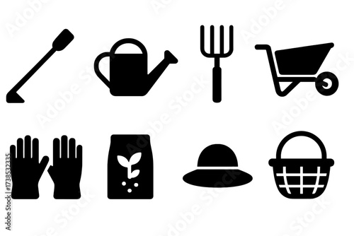 Organic Farming Tools Icons. Solid, filled icon set of organic farming tools: hoe, watering can, pitchfork, wheelbarrow, gloves, seed packet, sun hat, basket.