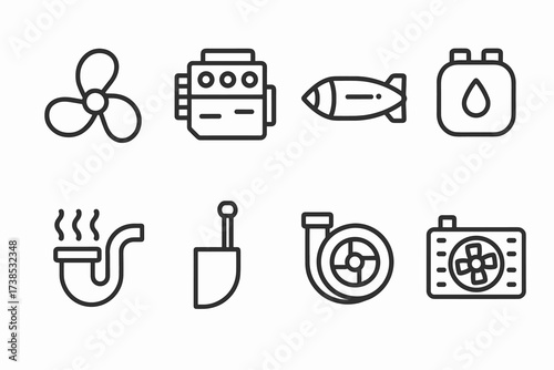 Naval Propulsion Icons. Outline icon set of gunboat propulsion and engines: propeller, diesel engine, jet engine, fuel tank, exhaust pipe, rudder,