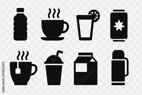 Lunch Beverage Icons. Solid, filled icon set of lunch beverages: water bottle, coffee cup, juice glass, soda can, tea cup, smoothie, milk carton, thermos.
