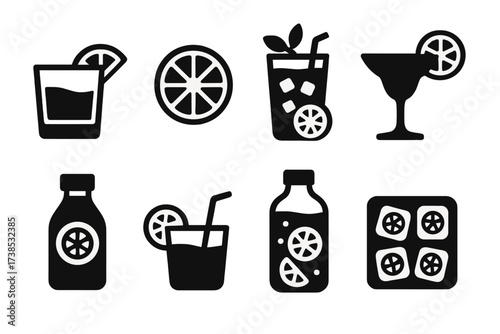 Lime Drink Icons. Solid, filled icon set of lime in drinks: lime wedge in glass, lime slice garnish, mojito with lime, margarita glass with lime, lime juice
