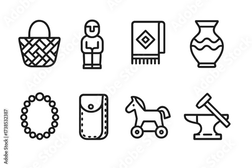 Icon Sets Collection. Outline icon set of local crafts and goods: woven basket, hand-carved figurine, embroidered cloth, pottery vase, bead necklace, leather