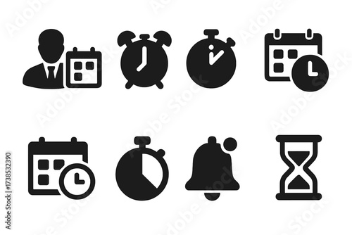 Time Management Icons. Solid, filled icon set of manager time management: schedule, alarm, stopwatch, deadline, calendar, timer, reminder, hourglass. [Line