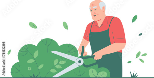 Gardener trimming hedge with shears illustration for gardening and landscaping