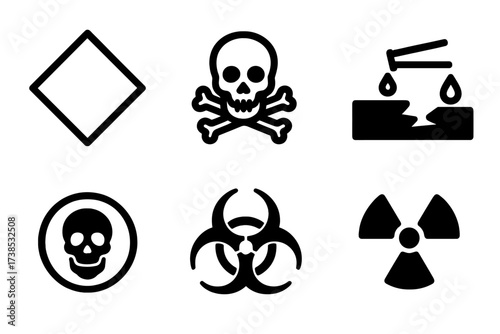 Toxic Chemical Icons. Solid, filled icon set of toxic chemical labels: hazard diamond, poison label, flammable label, corrosive label, toxic symbol, biohazard