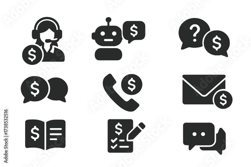 Online Support Icons. Solid, filled icon set of online banking support: help desk, chatbot, FAQ, live chat, phone support, email support, tutorial, feedback